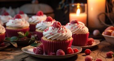 AI generated raspberry cupcakes with icing and lemon cream cheese frosting on table photo
