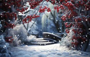 AI generated red berries in the snow on the wooden background photo