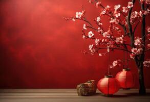 AI generated red background with china paper lanterns and cherry blossoms photo