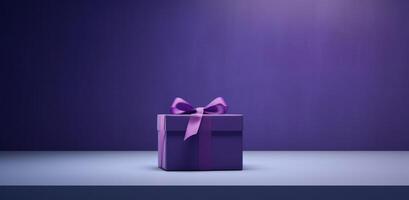 AI generated purple present box on a table with dark purple wall photo