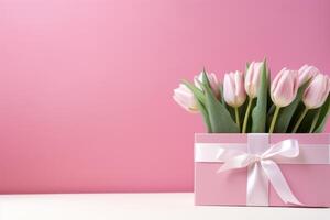 AI generated pink flower box with ribbon and white tulips a gift photo