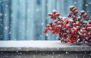 AI generated red berries in the snow on the wooden background photo