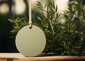 AI generated round white tag hanging on green branches photo
