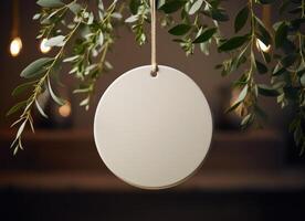 AI generated round white tag hanging on green branches photo