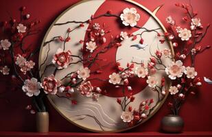 AI generated red wall art flower and branches decoration photo