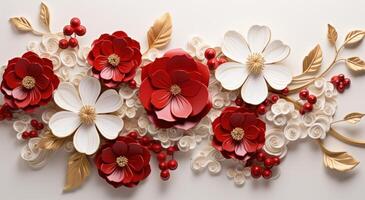 AI generated red floral background on white paper photo