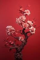 AI generated red tree with flower in the winter on red background photo