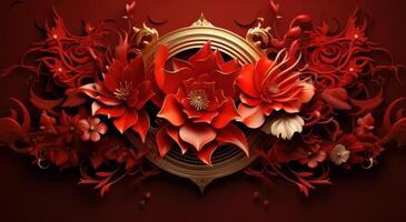 AI generated red red dragon dragon flower decoration gold background, photo