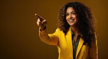 AI generated professional female businesswoman pointing at what she does while pointing photo