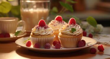 AI generated raspberry cupcakes with icing and lemon cream cheese frosting on table photo