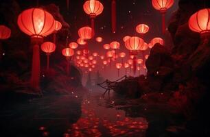 ai generado rojo chino linternas flotante en el aire rojo linterna foto