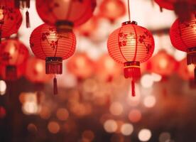 AI generated red chinese lanterns floating in the air red lantern photo