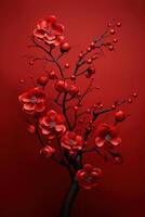 AI generated red tree with flower in the winter on red background photo