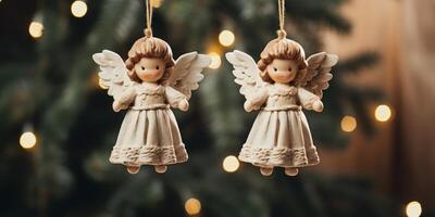 ai generado pequeño ángel estatuillas colgando en un Navidad árbol foto