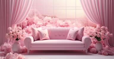 AI generated pink couch in a modern living room with curtains and flowers photo