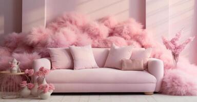 AI generated pink sofas with white walls and white fluffy pillows on a white floor photo