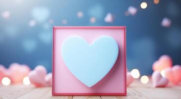 AI generated pink and blue heartshaped background wooden frame on bokeh background photo