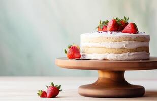 AI generated strawberry cake on a wooden plate photo
