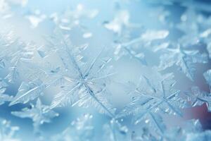 ai generado copos de nieve en un ventana cristal ese es todavía nevando, foto