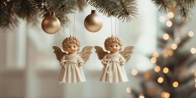 AI generated small angel figurines hanging on a christmas tree photo