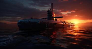 ai generado submarino entrando el Oceano a puesta de sol foto