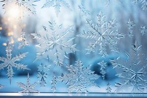 ai generado copos de nieve en un ventana cristal ese es todavía nevando, foto