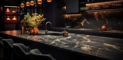 AI generated the black kitchen with marble tables and cabinets photo