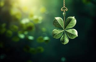 AI generated shamrock leaf hanging above green background photo