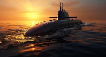 ai generado submarino entrando el Oceano a puesta de sol foto