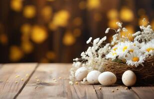 AI generated some baby white eggs and flowers on a wooden table photo