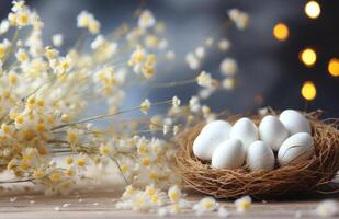 AI generated some baby white eggs and flowers on a wooden table photo