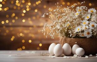 AI generated some baby white eggs and flowers on a wooden table photo