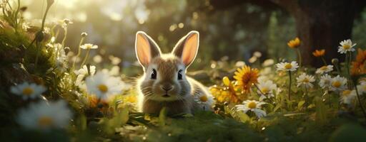 AI generated small rabbit sitting on a green grass, photo