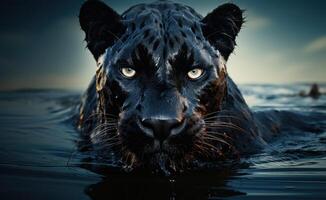 AI generated the black panther is walking through the water photo