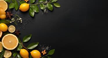 AI generated simple and elegant blackboard with fruit and citrus leaves, photo