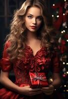 AI generated the beautiful female model is holding a red gift photo