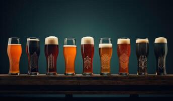 AI generated six types of beer shown in a row, photo