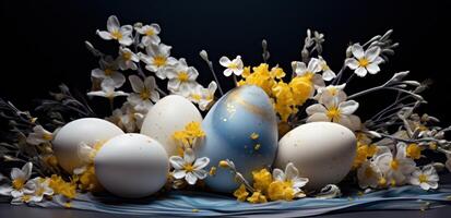 AI generated several yellow and white eggs and flowers on the edge photo
