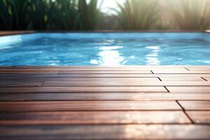 ai generado nadando piscina con de madera cubierta foto