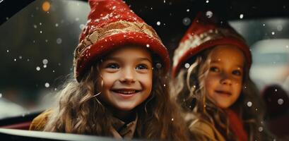 ai generado dos pequeño muchachas sentado en coche en Navidad, foto
