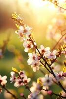 ai generado Mañana antecedentes con flores, suave luz de sol foto