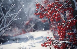 AI generated red berries in the snow on the wooden background photo