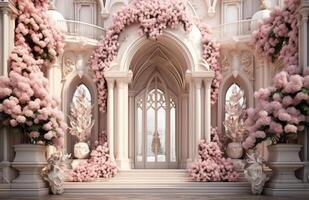 AI generated the main part of the wedding stage is decorated using pink flowers photo