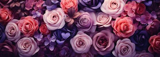 AI generated purple and pink roses and flowers flower background photo