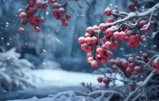 AI generated red berries in the snow on the wooden background photo