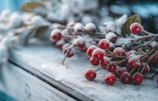 AI generated red berries in the snow on the wooden background photo