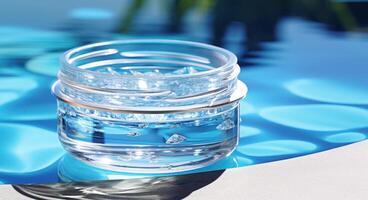 AI generated the lid of an empty glass container is laying in a pool photo