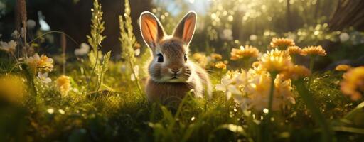 AI generated small rabbit sitting on a green grass, photo