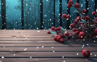 AI generated snow falling on the wooden deck, photo