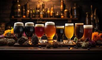 AI generated several types of beer are lined up on a table photo